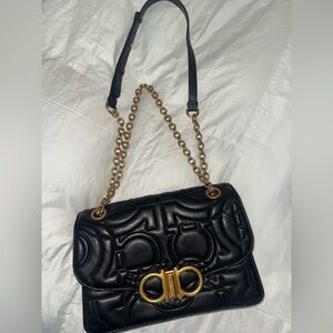 Salvatore Ferragamo Black Quilted Shoulder Bag with Gold Chain